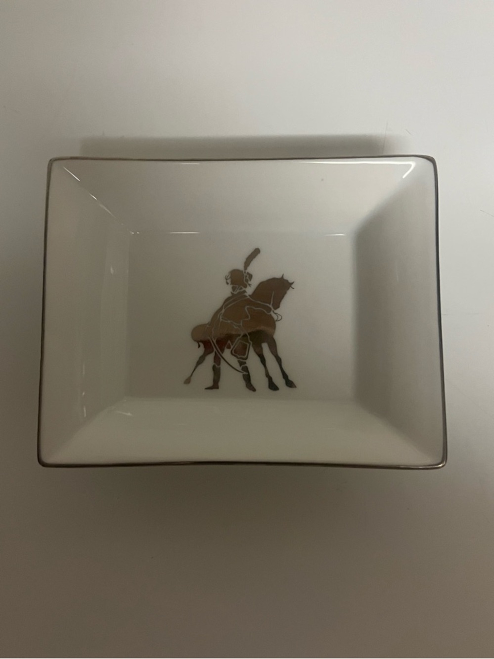 LR PARIS White Porcelain Trinket Soap Dish  Mounted Horseman Motif Silver Trim
